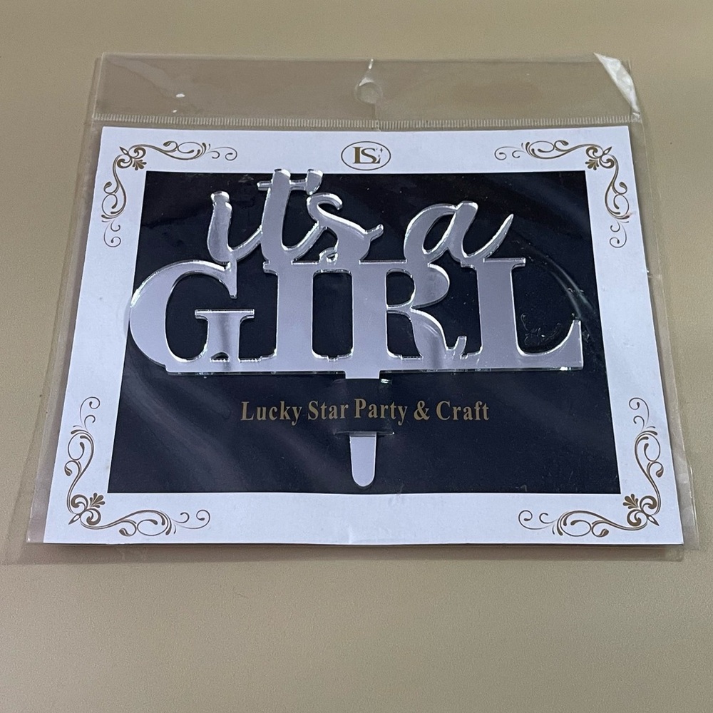 NWT It's a Girl Cursive Mirrored Acrylic Cake Topper